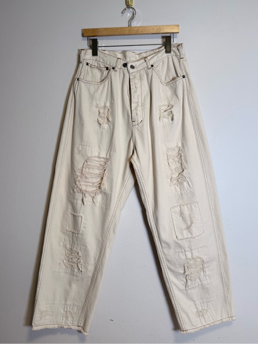 Magnolia Pearl Cotton Miner Denim pants distressed cream adjustable waist